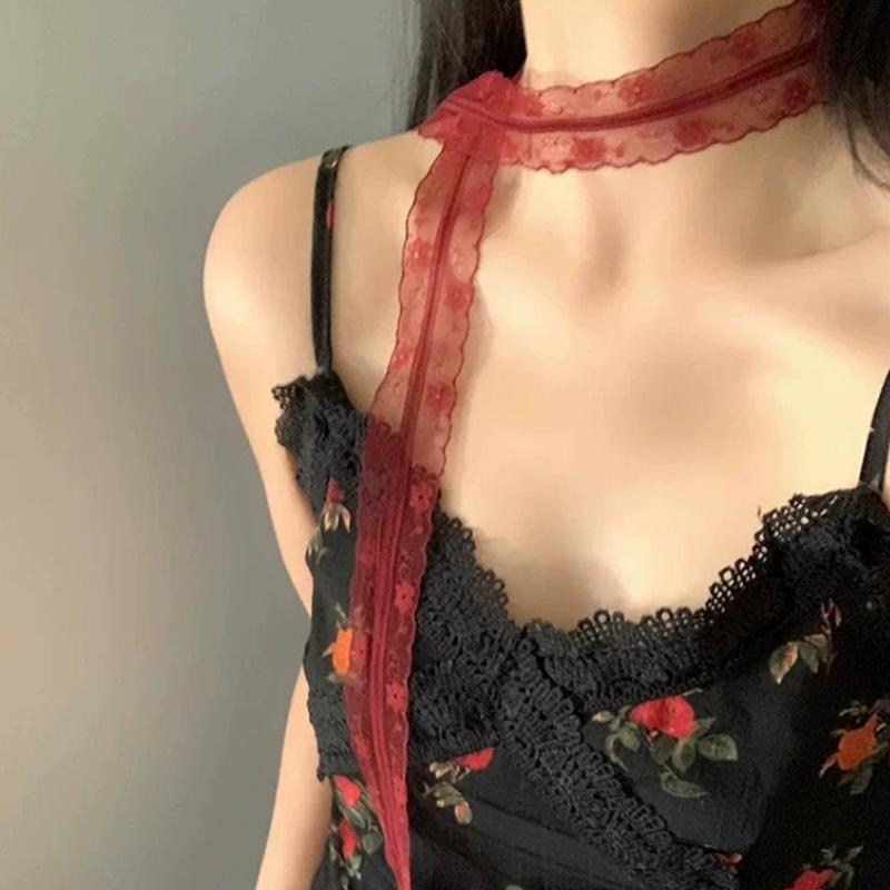 Y2K Women Narrow Long Scarf Solid Color Silk Black Bag Ribbon Headbands Choker Floral Lace Scarf