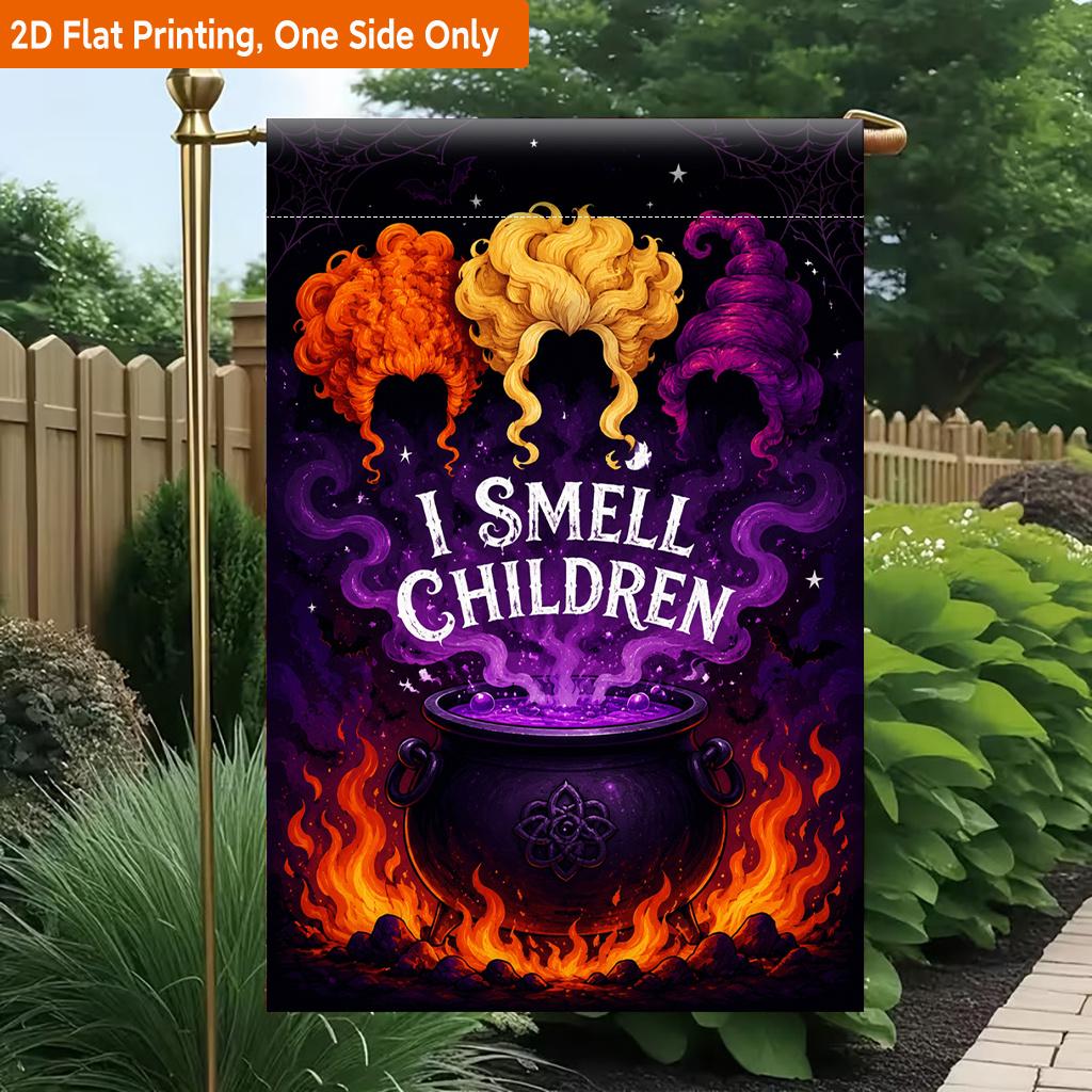 2D Flat, 2D Flat Printing Garden Flag 1pc, Three Witches Above Cauldron Durable Single-Sided Print Yard Flag, Garden & Home Holiday Decoration, 29.97x