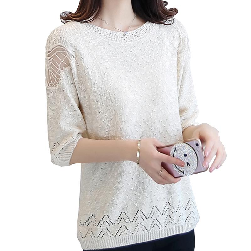 Тонкий свитер, полый кружевной вязаный свитер, новые женские свободные рубашки с семиминутными рукавами, топы