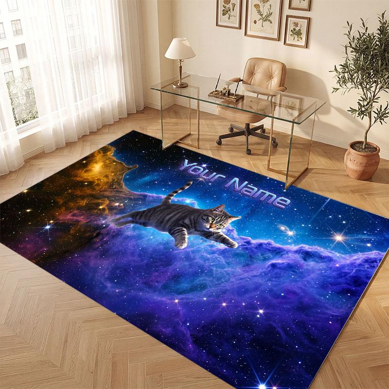 Cat Theme Crystal Velvet Floor Rug Personalized Custom Name Text Warm Carpet Home Decoration