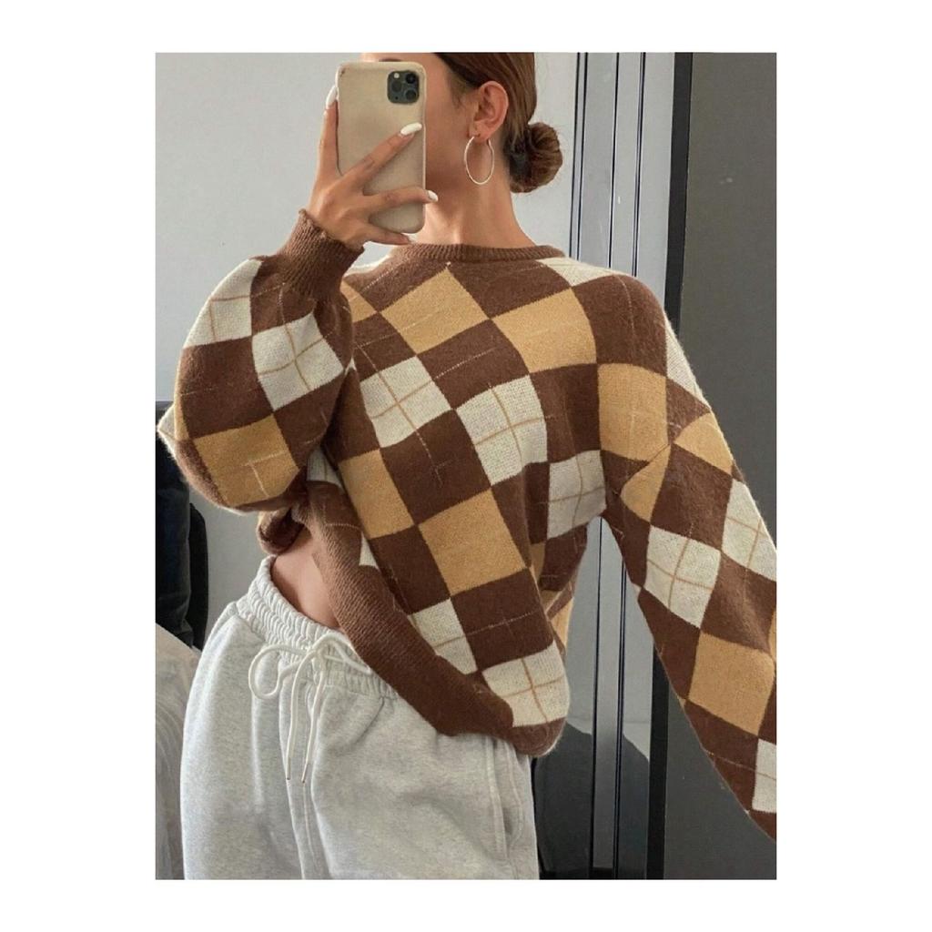 Women's Square Patterned Tile Crew Neck Knitwear Sweater