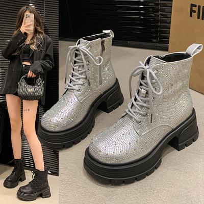 2024 Sequin Diamond Короткие сапоги Женские Осенне-Зимние Британские Модные Сапоги На Высоком Толстом Каблуке Ботинки На Шнуровке Повседневная Обувь Для Вечеринок На Открытом Воздухе
