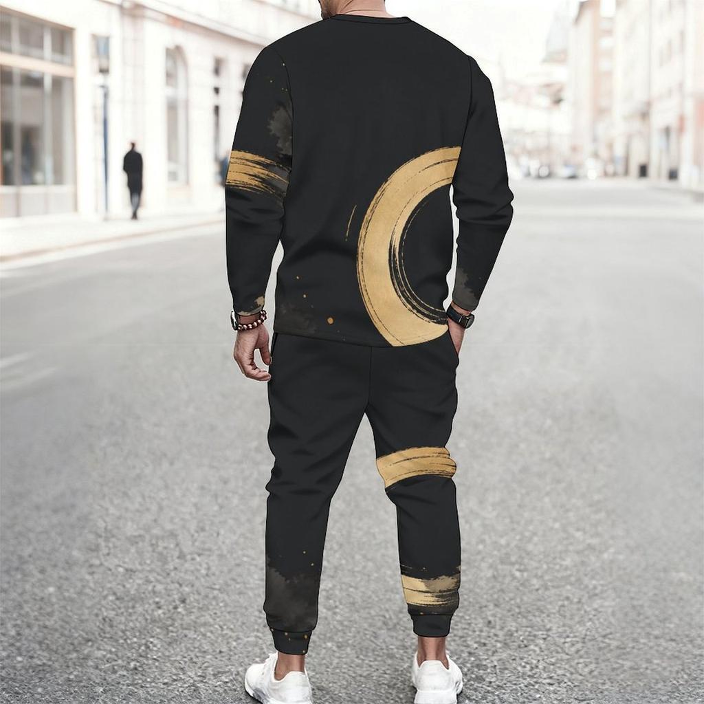 Men Plus Size Printed Two Piece Set Round Neck Long Sleeve Top Cuffed Pants