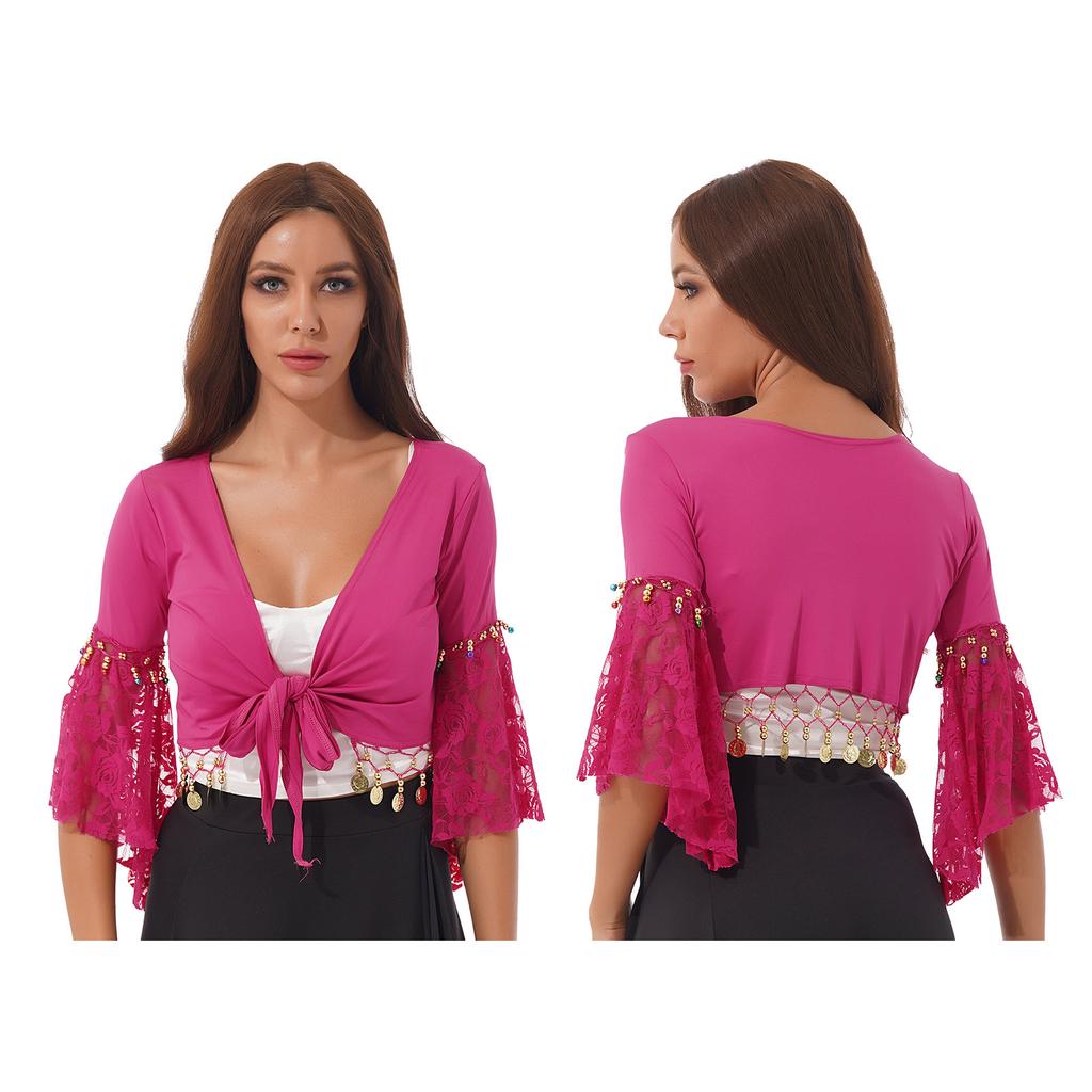 Женский костюм для танца живота, кружевной лоскутный топ с расклешенными рукавами, колокольчиком и кисточкой, шаль на шнуровке, укороченный топ, кардиган
