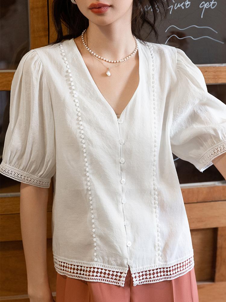 Mishow Кружевная рубашка для женщин, летняя элегантная французская винтажная блузка с пышными рукавами, базовая блузка с v-образным вырезом, женская одежда MXB29X0313