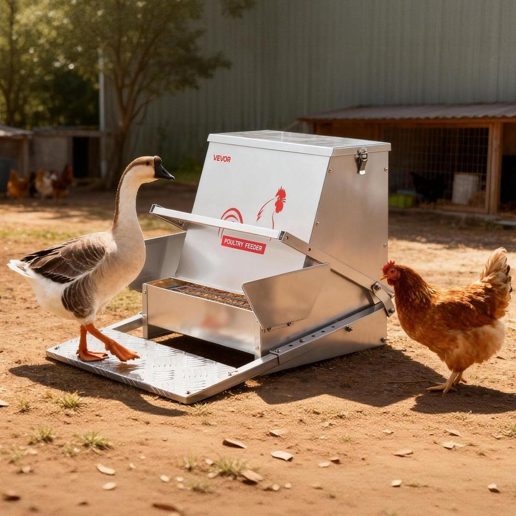 Automatic Chicken Feeder, 18.14 kg Capacity, Rainproof Treadle Poultry Feeder with Lockable Lid, No Waste, Galvanized Steel Construction, Outdoor Use,