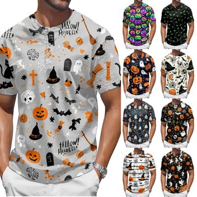 Мужская футболка-henley с принтом на Хэллоуин, с коротким рукавом, повседневная, с круглым вырезом, на пуговицах, с узорами из тыкв, призраков и цветочными узорами, для осени