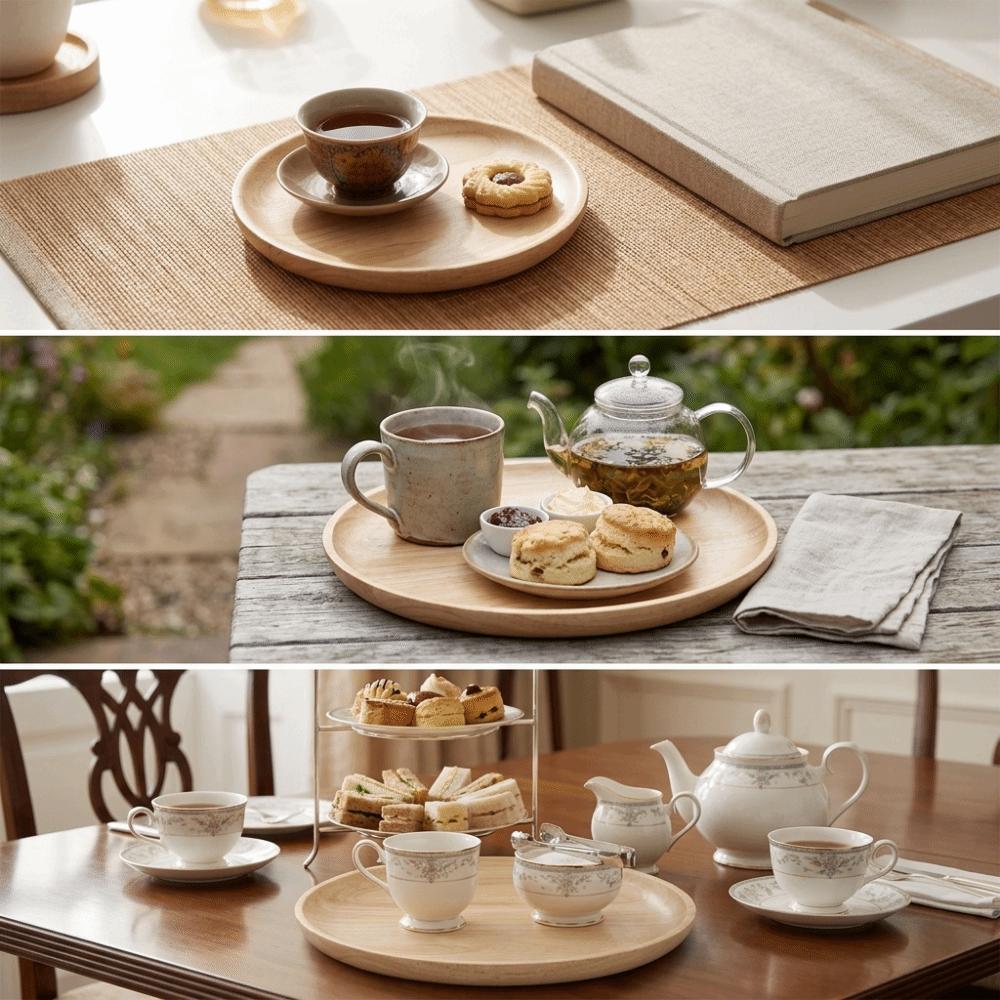 Round Japanese Style Plate Wooden Fruit Tray Heat Insulated Serving Tray Hotel