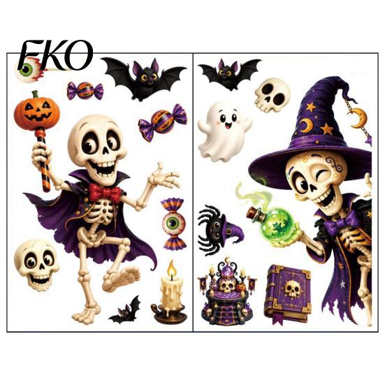 Indoor Outdoor Halloween Stickers 2 Sheets Window Clings, Cartoon Skeleton Static Stickers, Funny Classic Pattern Ghosts Bats Pumpkins for Glass Doors
