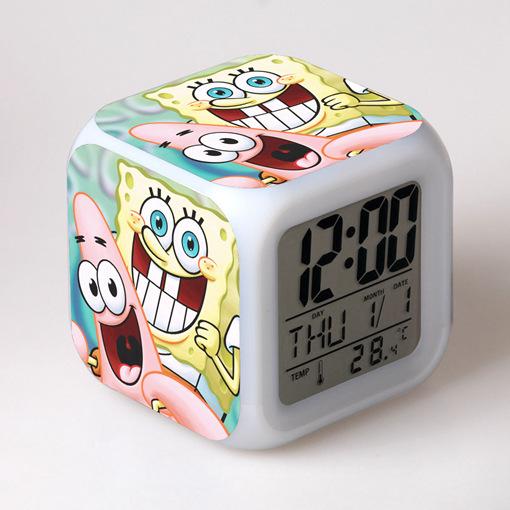 Cartoon SpongeBob SquarePants Alarm Clock Children's Gifts Color-changing Colorful Alarm Clock Square Clock Bedside Clock
