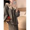 Korean Ins Style Pajamas Women's Models Spring and Fall Long-Sleeved Sweet Lace Plaid Clouds Cotton Student Pajamas Homewear Set