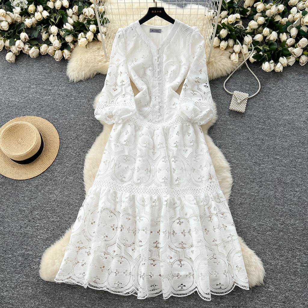 Весна-лето Женские V-образные вырезы с рукавами-фонариками Вышитые кружевные длинные макси вечерние платья