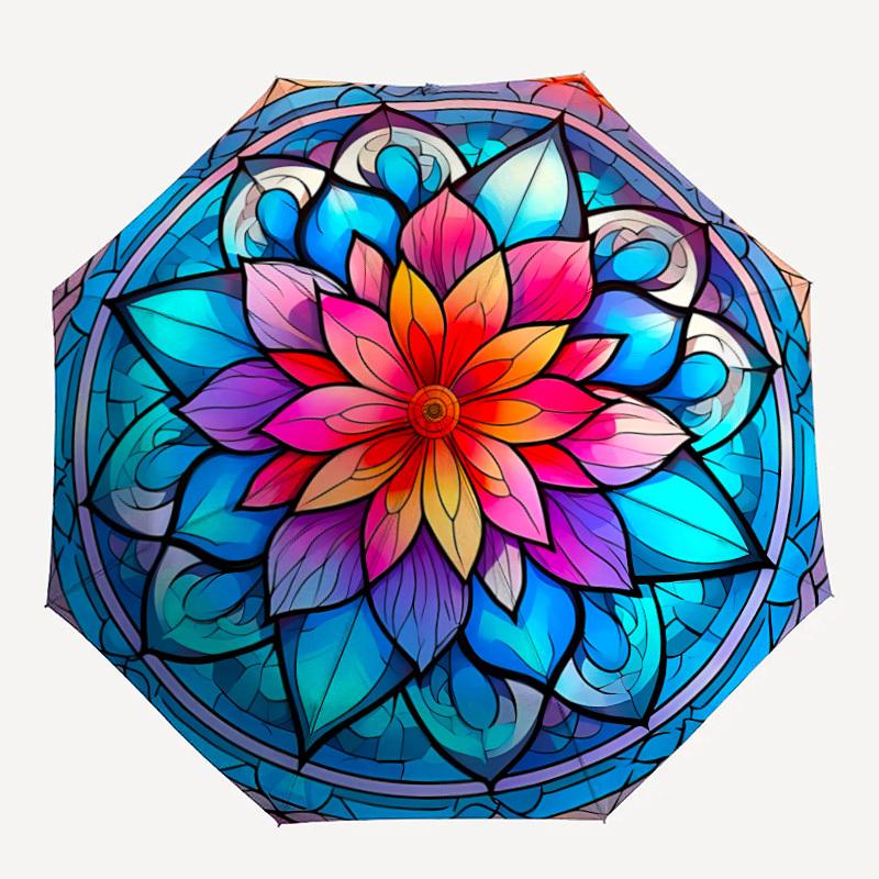 1pc Stained Glass Mandala Automatic Open/Close Umbrella, Portable Folding Umbrella, Compact Travel Umbrella for024