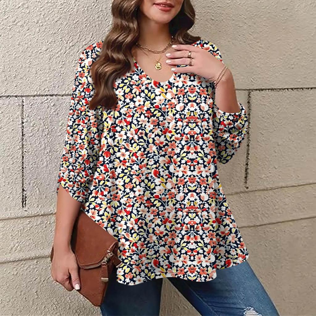 Women's Plus Size Fashion Printed Casual Pleated Round Neck Long Sleeve Top