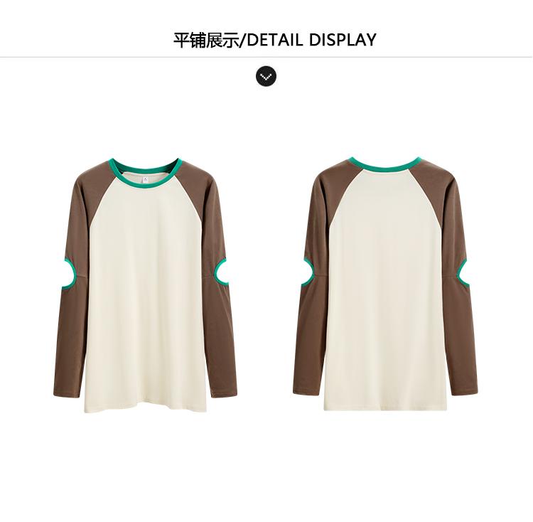 Hollow out design: Spring and Autumn fashion raglan sleeves contrasting color round neck T-shirt cool and cool casual loose top