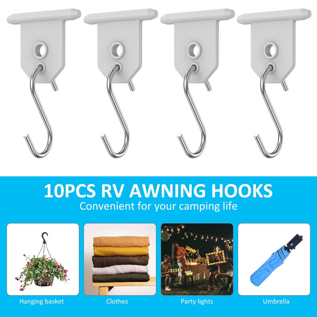 10Pcs Sturdy Awning Hooks for RV S Shaped Camping Awning Hooks Metal Party Light Hangers Hats Outdoor Camper Hanging Accessories