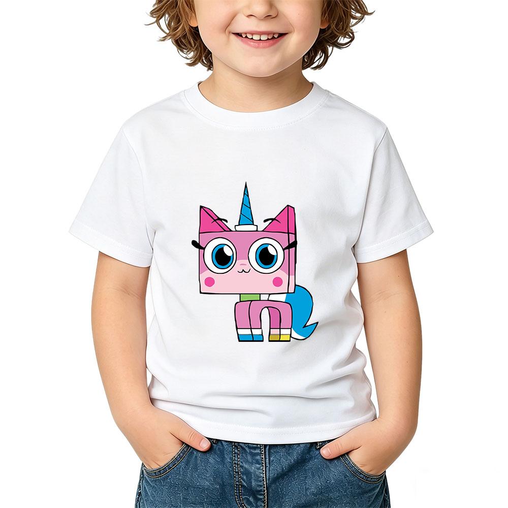 Мультяшная детская футболка Unikitty 100% хлопок с графическим принтом Детские футболки Милые для мальчиков и девочек Летние топы с круглым вырезом и коротким рукавом