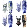 2024 Blue & White Floral Porcelain One-Piece Chiffon Skirt Bikini