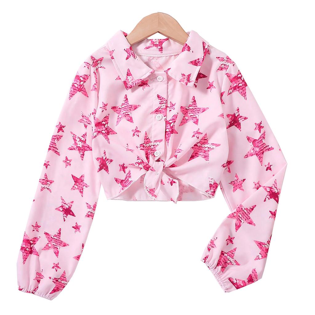 Новая блузка для девочек, весна 2024, розовая рубашка с длинными рукавами и принтом звезд для девочек