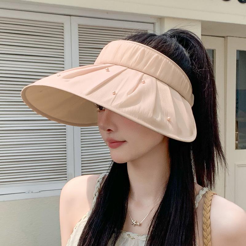 Летняя солнцезащитная шляпа женская для путешествий на открытом воздухе универсальная модная шляпа с открытым верхом жемчужная плиссированная шляпа от солнца с большими полями