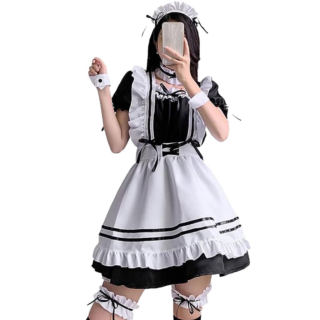 Maid Costume Ruffle Frill Trim Cute Bow Apron Dress Cosplay Makeup Outfit with Headwear Neck Leg
