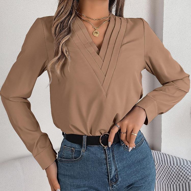 Женская блузка с длинным рукавом и V-образным вырезом, шифоновый топ, однотонная футболка, уличная одежда, женская футболка