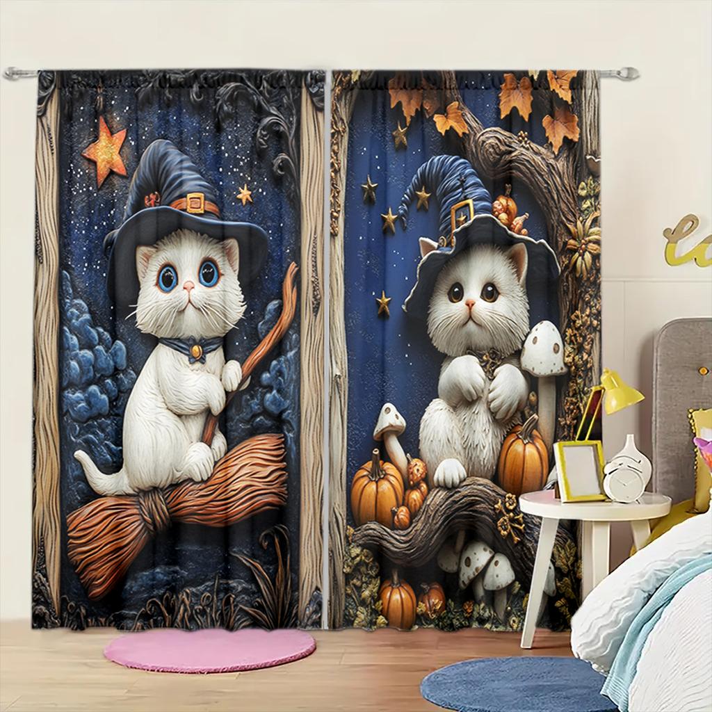 2 шт. Милая занавеска с рисунком кошки, ведьмы, метлы и тыквы для домашнего декора - карманная штора для украшения окна на Хэллоуин