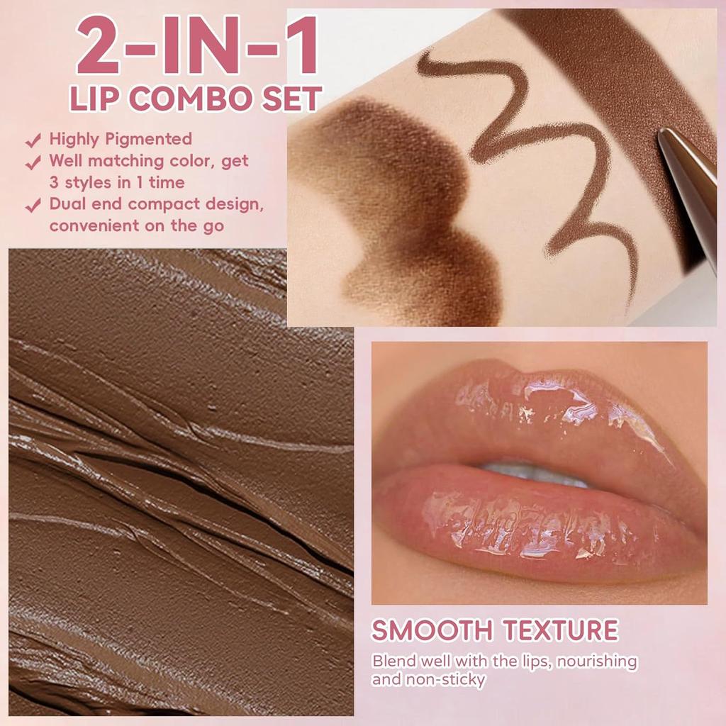2 In1 Tapered Gradient Lipliner Pen Nude Brown Mirror Glass Lip Gloss Matte Lip Liner Water-resistant Lip Contour Non Stick Makeup