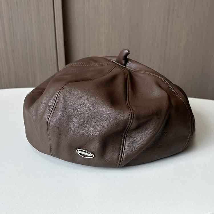 PU octagonal hat women's autumn and winter new beret designer niche retro solid color leather bud hat