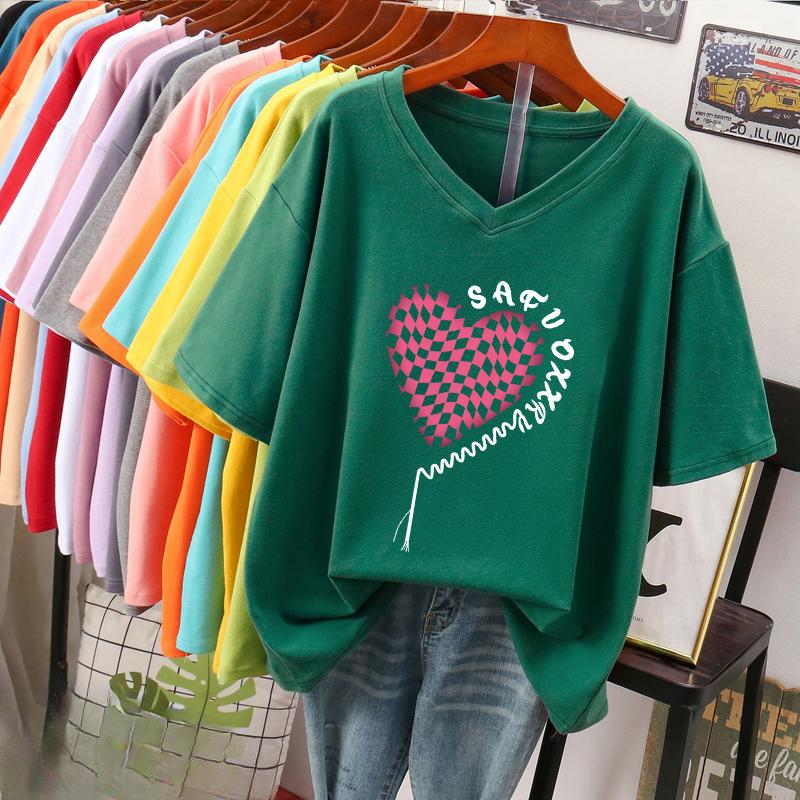 Футболка с коротким рукавом, Свободного кроя, Приталенный топ с V-образным вырезом с принтом для женщин