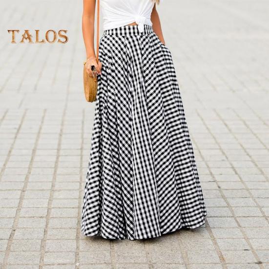 Женская юбка-макси с эластичной высокой талией и клетчатым принтом, юбка-трапеция с карманами, большой подол, ретро-юбка, уличная одежда