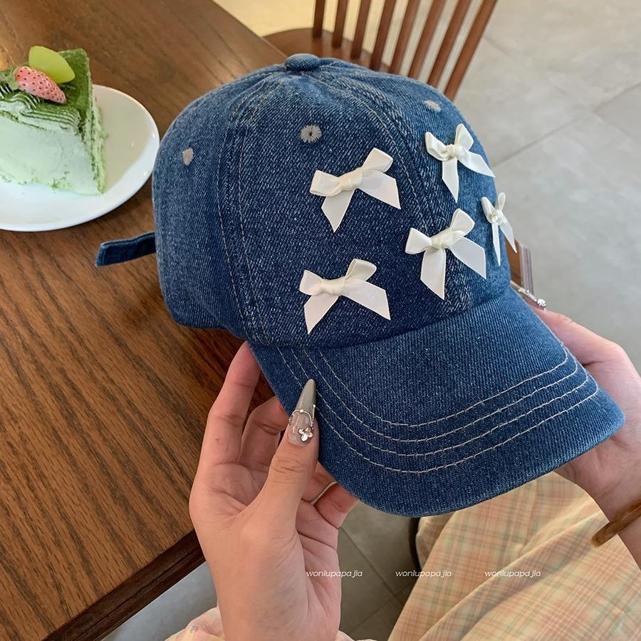 Бейсболка из джинсовой ткани Bow для женщин - легкая, регулируемая посадка, защита от солнца - идеально подходит для любого сезона, корейский стиль, узел-бабочка, кепка-утконос