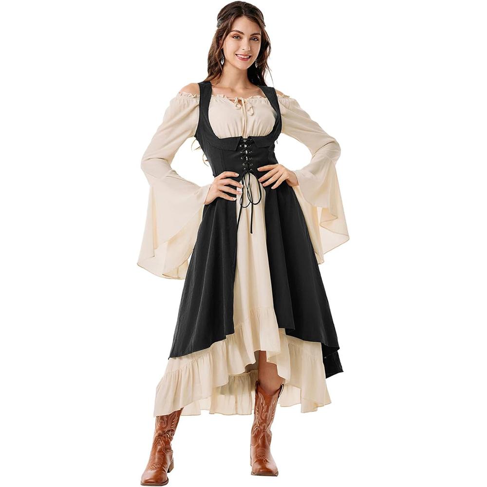 Women Renaissance Costume Underbust Pirate Peasant High Low Dress with Pockets