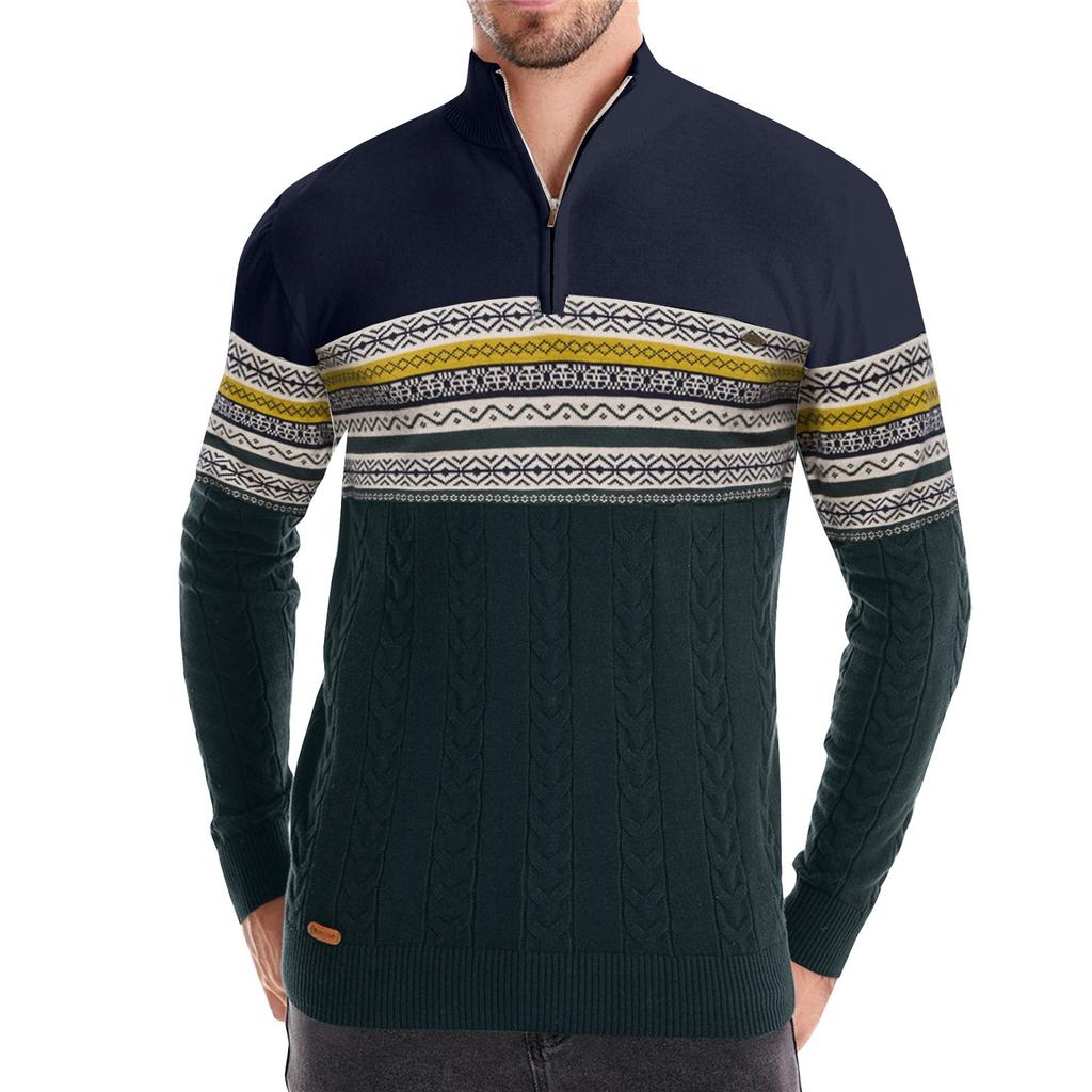 Мужской зимний трикотажный топ с принтом, воротником-стойкой и полумолнией, облегающий крой, с длинным рукавом