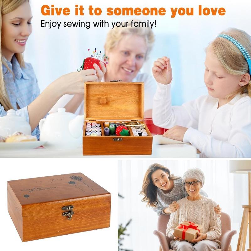 Wooden sewing box with 186 sewing accessories, base equipment for sewing tools, 3 compartments to store needles and thread, sewing box
