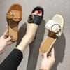 Fashion Summer Woman Slippers Buckle Pu Leather Slipper Out Side Slides Women Flats Slip On Home Slipper Zapatos Mujertyu789