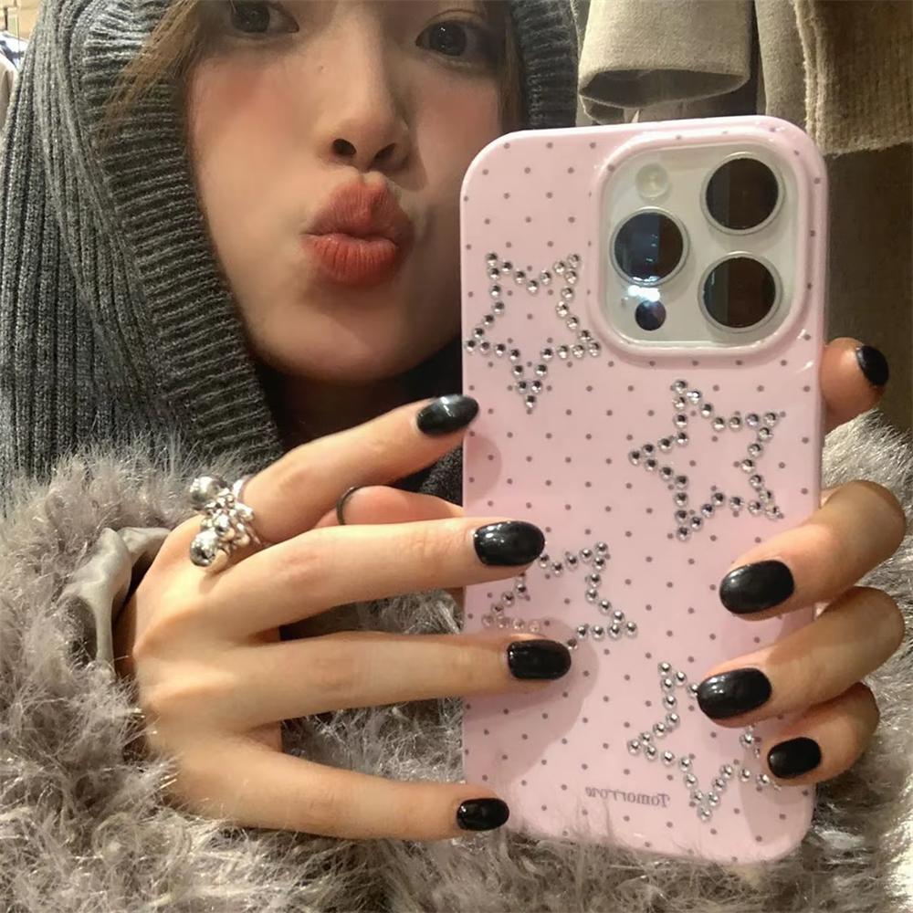 Корейский Y2K Шик Блестящий Стразы Звезда Чехол Для Телефона Для iPhone 16 15 14 13 Pro Max Милый В Горошек Чехол Стильный Девичий Корпус