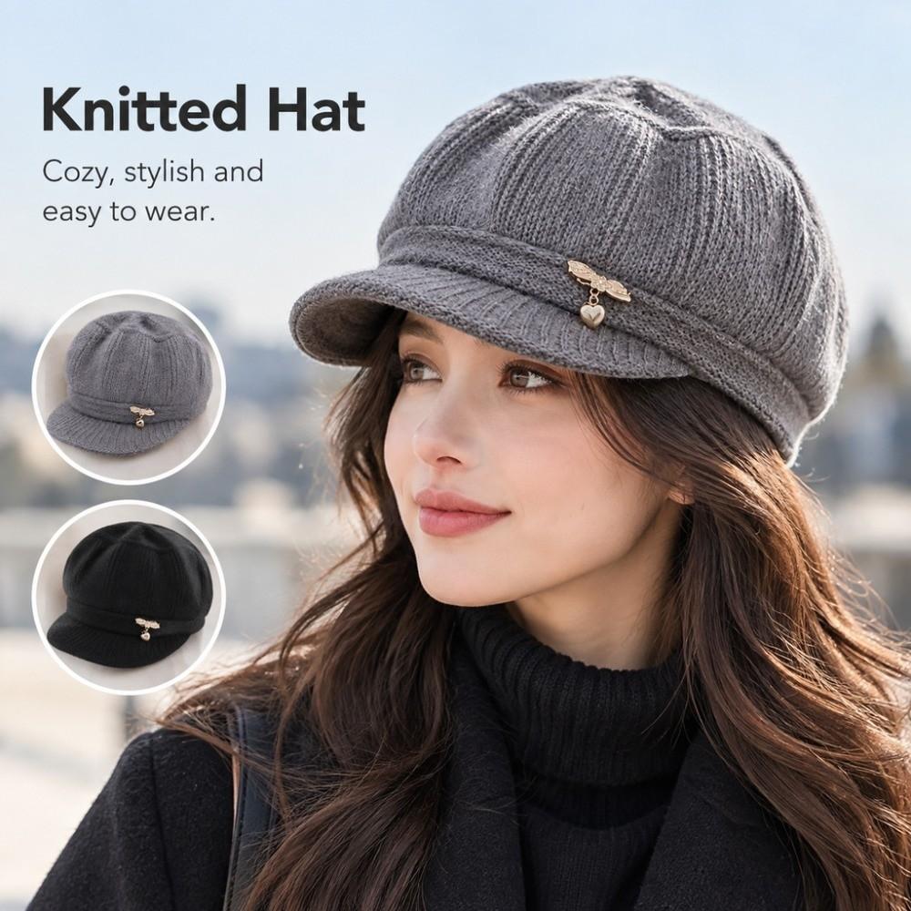 Windproof Pumpkin Beret Hat Fleece Lined Beanies Hat Knitted Wool Hat for Middle Aged Women