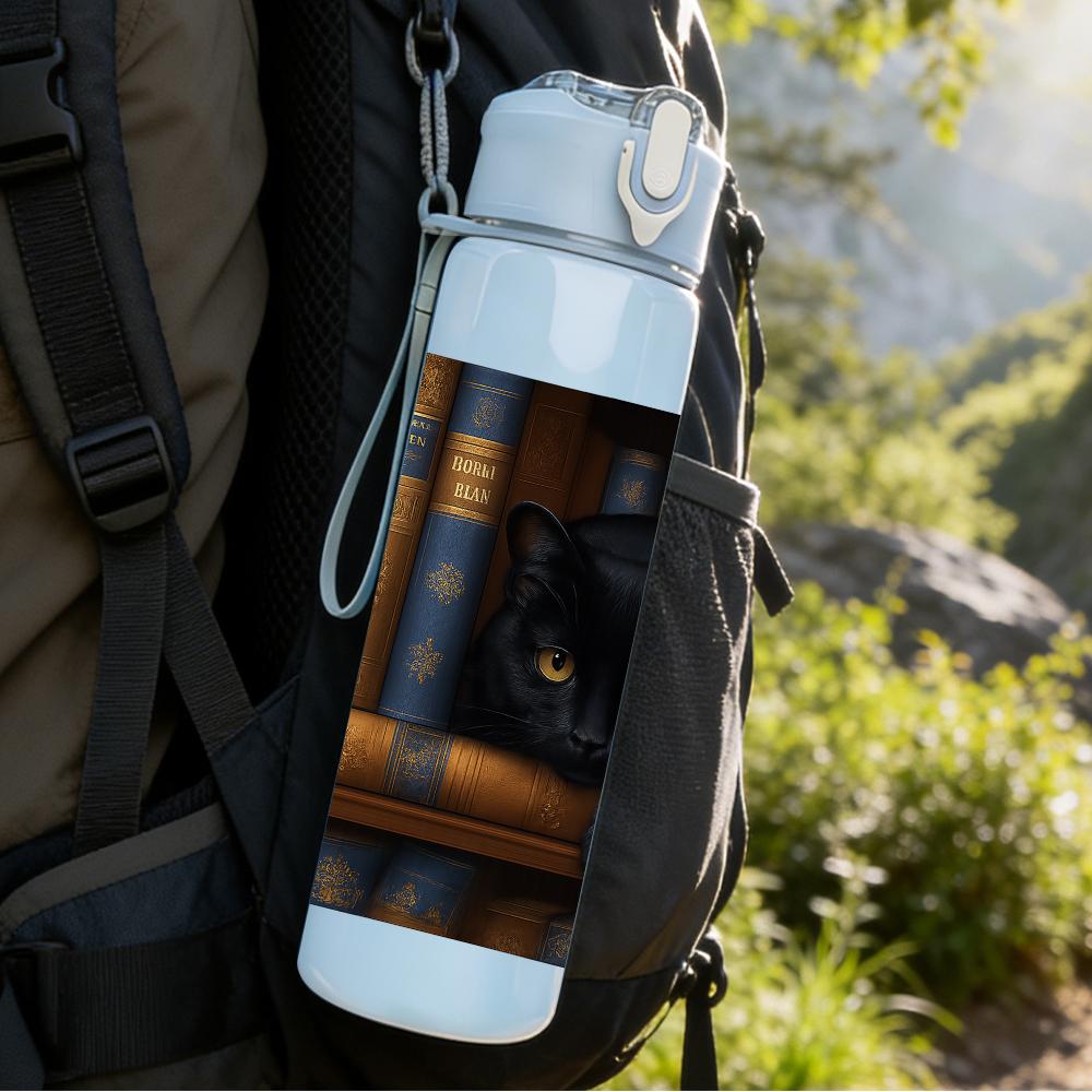 1PC Black Cat Book Stack Scene 750ml Color Plastic Sports Water Bottle Leakproof Flip Straw Lid For Sports Office Home Use