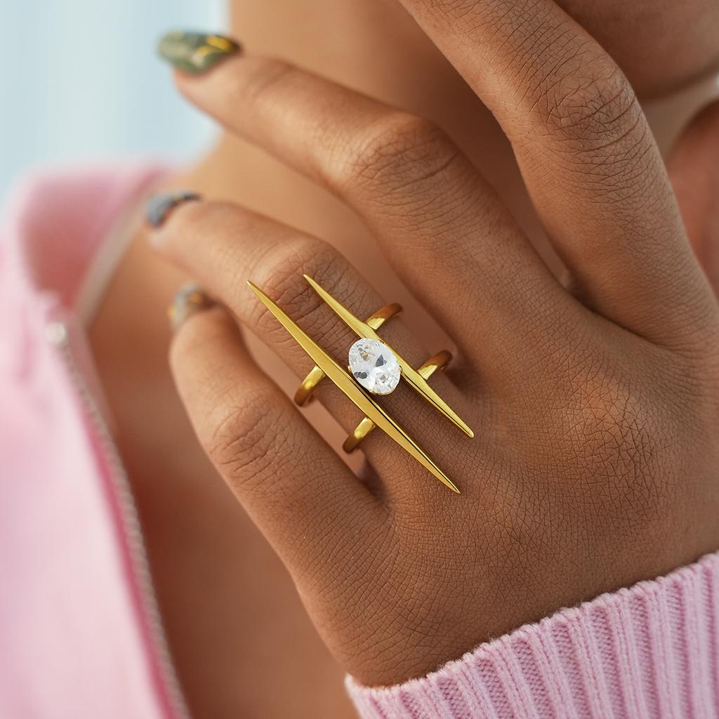 Minimalist 18K Gold Color Plated Stainless Steel Zircon Hammer Lines Layered Hollow Rings Geometric Stackable Rings For Women