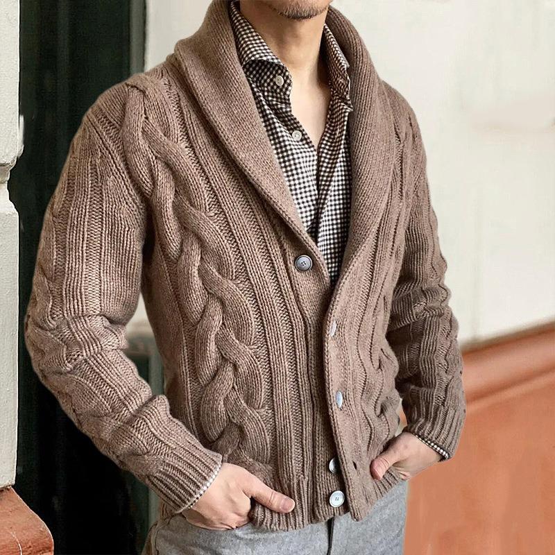 2025 Winter New Knitted Cardigan Men's Turn-down Collar Long Sleeve Twisted Sweater
