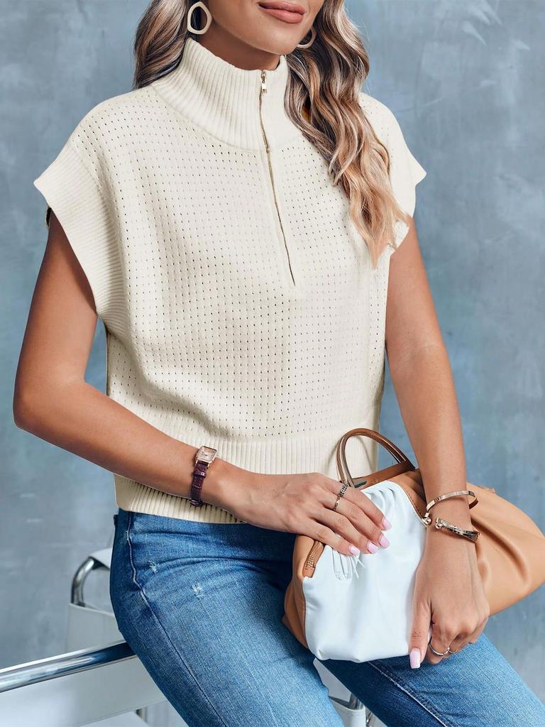 Women's Half Zip Cropped Knit Top Cap Sleeve Lightweight Oversized Sweater Vest