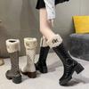 Fashion Short Plush Women Knee High Boots Fashion Plaid Round Toe Long Boots Woman Chunky Heels Booties Female Platform Botas 2024