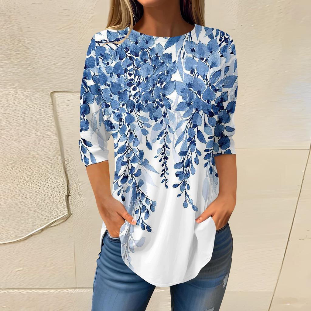 Женская свободная футболка с круглым вырезом и рукавом 3/4, верхний пуловер