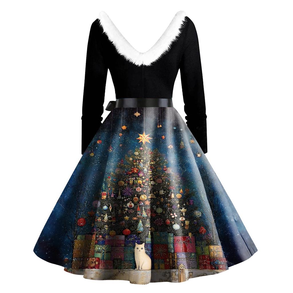 Женское модное повседневное платье приталенного кроя с круглым вырезом, рождественским принтом и длинными рукавами