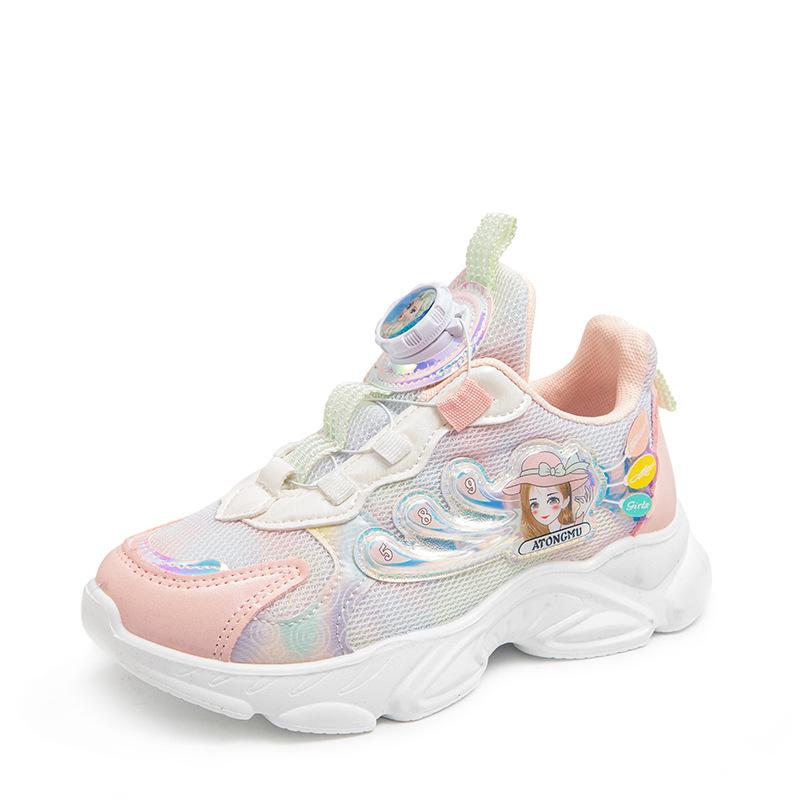 Кеды из сетки для студенток, весна и осень, мягкая подошва, мультяшные, кроссовки для бега для маленькой девочки, вращающаяся пряжка, легкие одинарные туфли, тренд