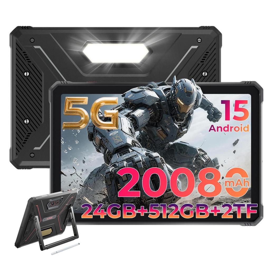 HOTWAV Прочный планшет R9 Ultra 5G, Android 15, Аккумулятор 20080 мАч, 24(8+16ГБ )+ 512 ГБ, камера 64 МП, IP68/IP69K, фонарик для кемпинга, две SIM-карты, Face ID, OTG