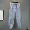 Корейские джинсы женские уличная мода деним брюки гаремы низ эластичная талия бисер повседневные винтажные Y2k панталоны
