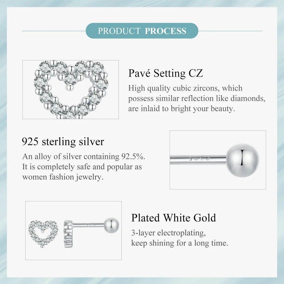 BAMOER Аутентичные серьги-гвоздики из стерлингового серебра 925 пробы для женщин, милые серьги-сердечки, блестящие прозрачные серьги с цирконием, свадебные обручальные украшения