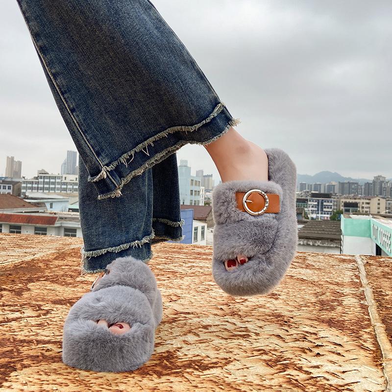 Осенние и зимние тапочки с квадратной головкой из меха, пряжка для ремня, модное утолщение, подчеркивающее внешний вид дома снаружи, теплые тапочки